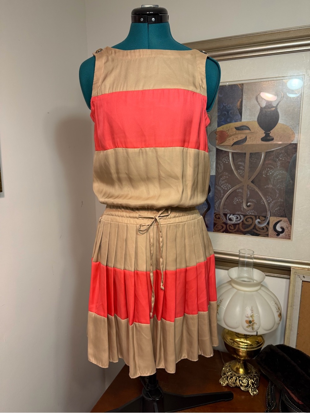 Cache Tan & Pink Color-Block Sleeveless Silky Pleat Skirt Dress Women’s XS